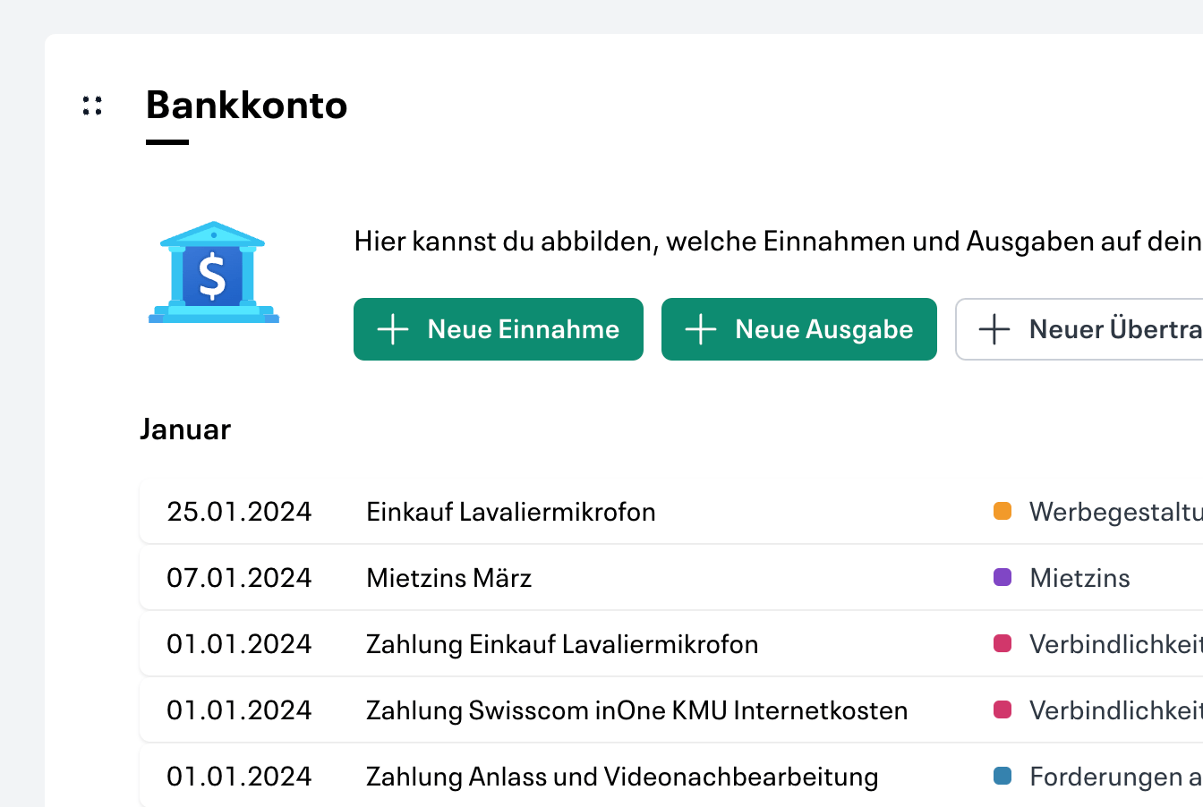 The “account sheet“ in Infinity Finance, a page with transactions for a specific bank account